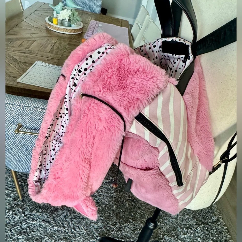 Betsey Johnson Pink Faux Fur Pig Convertible Hooded Backpack